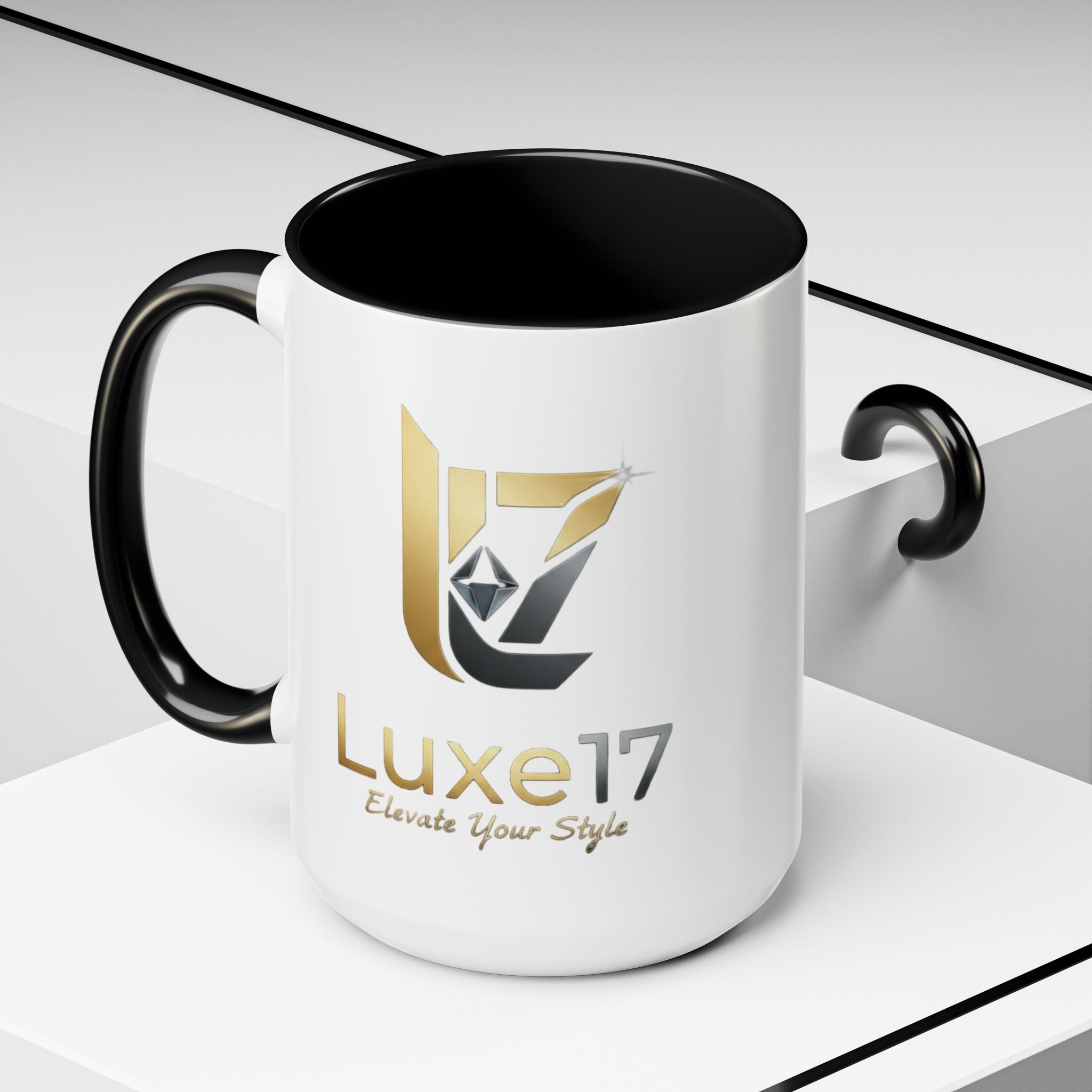 Luxe17 Accent Coffee Mug — Gold Logo 'Elevate Your Style' (11/15oz)