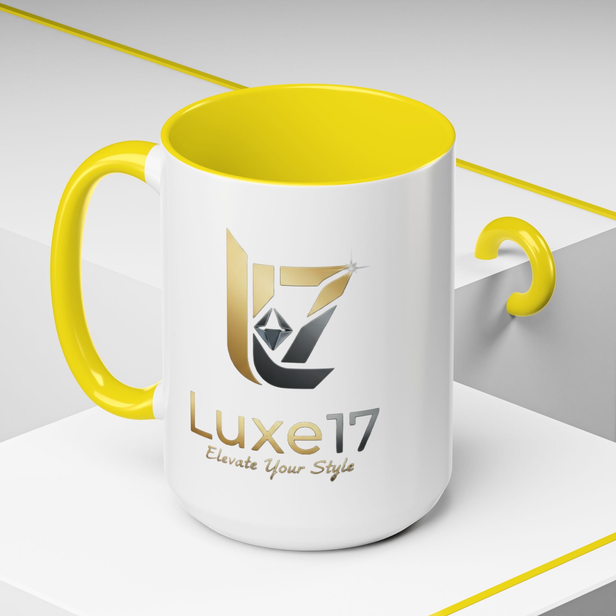 Luxe17 Accent Coffee Mug — Gold Logo 'Elevate Your Style' (11/15oz)