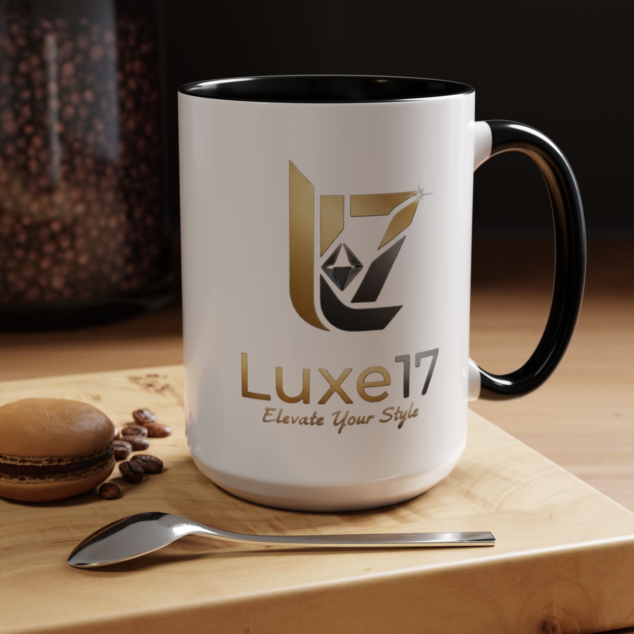 Luxe17 Accent Coffee Mug — Gold Logo 'Elevate Your Style' (11/15oz)